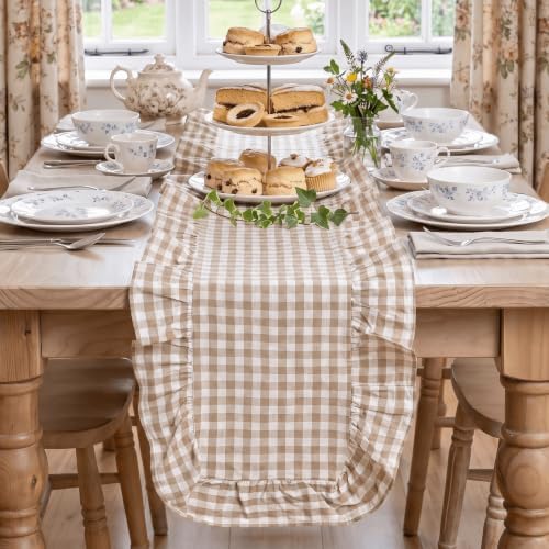 Artoid Mode Brown Farmhouse Plaid Gingham Ruffle Table Runner, Seasonal Scalloped Fall Kitchen Dining Table Decoration for Home Party Decor 13x108 Inch - Image 2