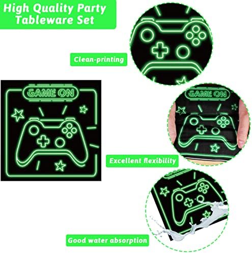96pcs Video Game Party Supplies Tableware Set Neon Game On Paper Plates and Napkins Green Gaming Birthday Party Decorations Favors for Boys Kids Gamer Baby Shower,Serves 24 - Image 3