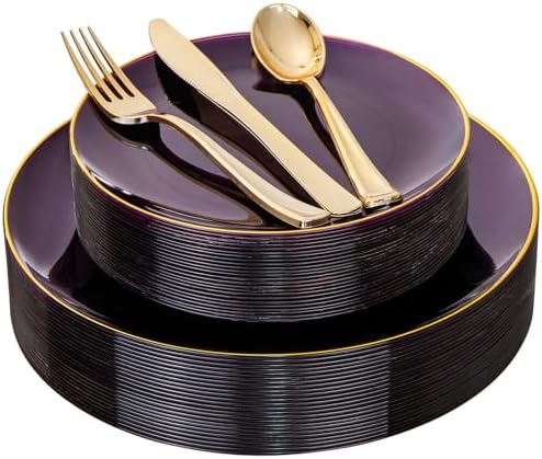 YOUBET 125PCS Purple Plastic Plates with Gold Rim for Party Wedding by YOUBET