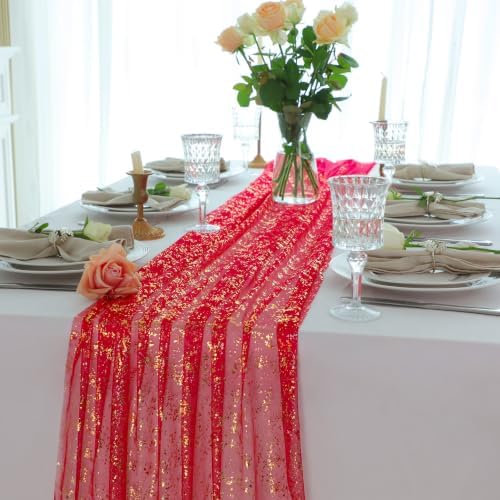 Snowkingdom 3Pcs 10Ft Red Gold Foil Gauze Sheer Table Runner - Image 4