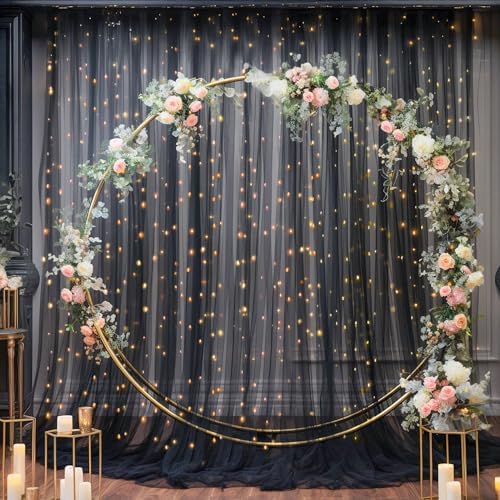 10x8ft Black Tulle Backdrop Curtain with Lights String for Parites, Sheer Photo Backdrop Curtains for Wedding Baby Shower Birthday Party Photo Shoot Decorations - Image 3