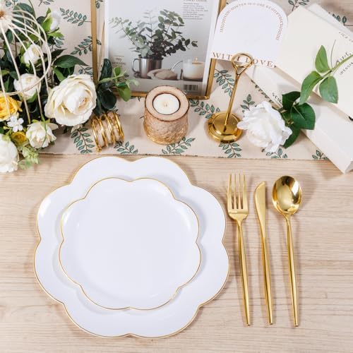 ejonirinjonir 180pcs Elegant White Plastic Plates with Gold Rim for Wedding - Image 6