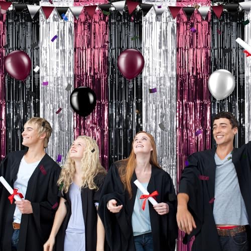 6 Pack 3.3Ft x 6.6Ft Graduation Foil Fringe Curtain Backdrop Decorations, Maroon Black Silver Metallic Tinsel Foil Streamers Curtain Photo Booth Background for Graduation Prom Wedding Birthday Party - Image 6