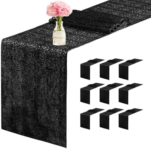 10 Packs 12 x 72 inches Sequin Table Runner, Black Glitter Table Runner for Birthday Party Supplies Wedding Engagement Baby Shower Holiday Celebration Event Decorations by Yblut