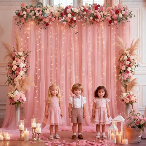 10x10ft Dusty Rose Tulle Backdrop Curtain with Lights String for Parites, Sheer Photo Backdrop Drapes for Wedding Baby Shower Bridal Shower Birthday Party Photo Shoot Background Decorations - Image 3