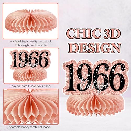 9Pcs 60th Birthday Decorations Honeycomb Centerpieces for Women, Rose Gold Pink Happy 60th Birthday Centerpieces Tables Toppers Party Decorations Supplies, Vintage 1966 Aged Table Sign Decor - Image 3