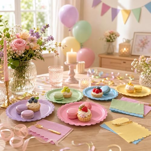 75 Pcs Paper Plates and Napkins, Pastel Party Plates Scalloped Paper Plates with Napkins, Macaron Color Disposable Tableware for Birthday Party, Baby Shower, Bridal Shower, Tea Party - Image 5