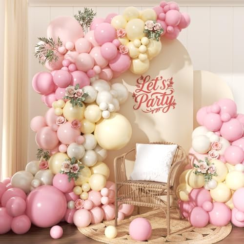 Pink and Yellow Balloon Arch Garland Kit 157pcs, Pastel Pink Light Pink Yellow Sand White Balloons Arch Kit for Birthday Baby Shower Bridal Shower Wedding Bee Bear Themed Party Decorations by PTGOLUO