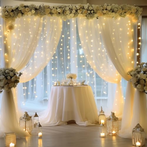 20×10ft Cream White Tulle Backdrop Curtain with Lights String for Parites, Sheer Curtain Backdrop Drapes for Wedding Party Home Decorations - Image 3