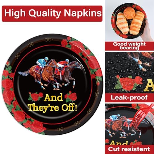 Qyeahkj 100PCS Derby Day Plates and Napkins Party Supplies Horse Racing Tableware Set Kentucky Party Decorations Favor Racing Horse Roses Dinner Plates for Derby Day Celebrations Serves 25 - Image 4