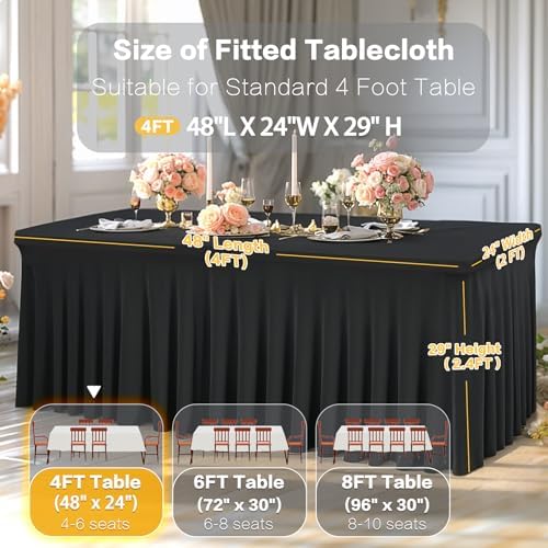 Shillance 2 Packs Black Spandex Table Covers 4 Foot, Fitted Stretch Table Cloth with Skirts 48x24 Inch, Wrinkle-Free Floor Length Rectangle Tablecloths for Trade Show Weddings Parties Banquets Events - Image 3