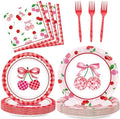 96Pcs Cherries Theme Plates and Napkins Pink Bow Cherry Birthday Party Decoration Disco Ball Disposable Dessert Cake Plates Cherries Paper Dinner Tableware for 24 Guests Girls Boys Kids Party Supplies by CHUNNIN