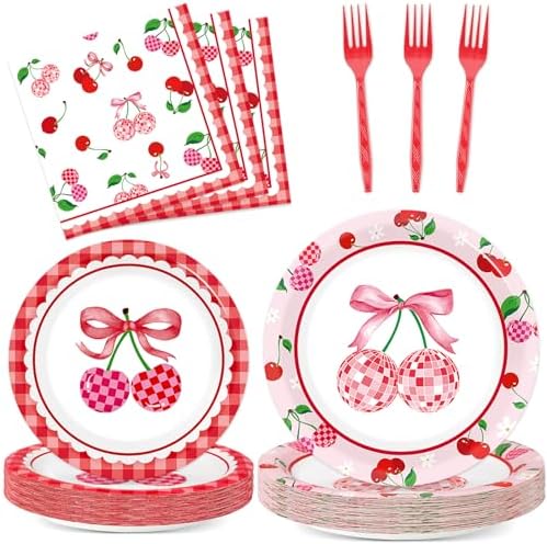 96Pcs Cherries Theme Plates and Napkins Pink Bow Cherry Birthday Party Decoration Disco Ball Disposable Dessert Cake Plates Cherries Paper Dinner Tableware for 24 Guests Girls Boys Kids Party Supplies by CHUNNIN