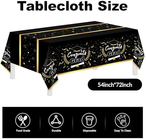 Graduation Party Decor - 147 PCS Disposable Tableware, Black & Gold Congrats Grad Decor, Tablecloth, Knives, Forks, Plates, Napkins, Cups - Serves 24 - Image 4