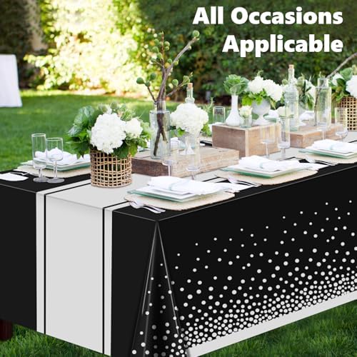 LANLISA Black and Silver Tablecloth Party Decorations 6 Pack, Disposable Plastic Table Cloths for Birthday Graduation Retirement Masquerade Party Decor - Image 2