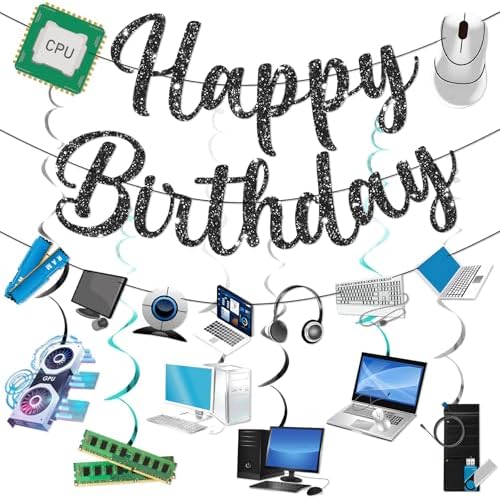 Computer Decorations for Office Birthday Computer Birthday Decorations Black PC Banner Garland Hanging Swirls by Yavxzvbw
