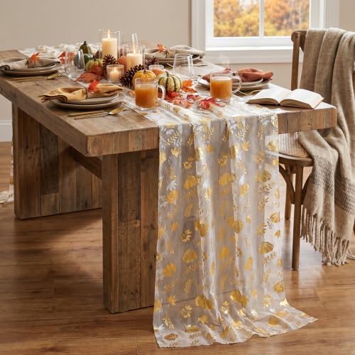Artoid Mode Fall Gauze Table Runner 120 Inch, Metallic Foil Leaves - Image 5