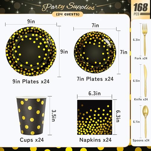 Black and Gold Dots Party Plates,168PCS Birthday Tableware Party Supplies - Image 2