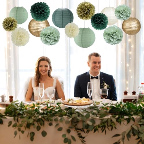 zilue Paper Lanterns and Paper Pom Poms Sage Green Party Decorations 15pcs - Image 5