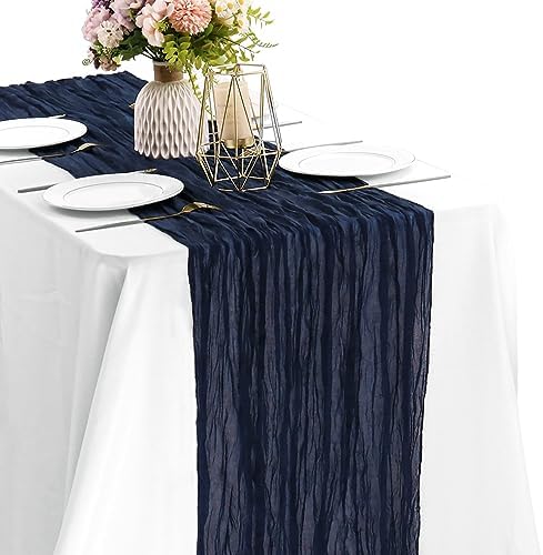 Navy Blue 10FT Cheesecloth Table Runner Boho Gauze Fabric Table Runner Rustic Sheer Runner for Wedding Bridal Baby Shower Birthday Party Boho Table Decor（1 Pack Navy Blue） by JALANCY