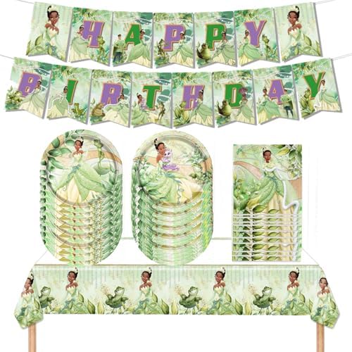 Princess Tiana Birthday Party Decorations, The Frog Tiana Party Tableware with Banner, Tablecloth, Disposable Paper Plates and Napkins for Little Princess Birthday Baby Shower Party Decorations by Lamden