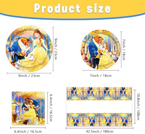41Packs Beauty and the Beast Birthday Decorations Include 20 Plates, 20 Napkins and 1 Tablecover for Birthday Party Supplies (Beauty) - Image 3