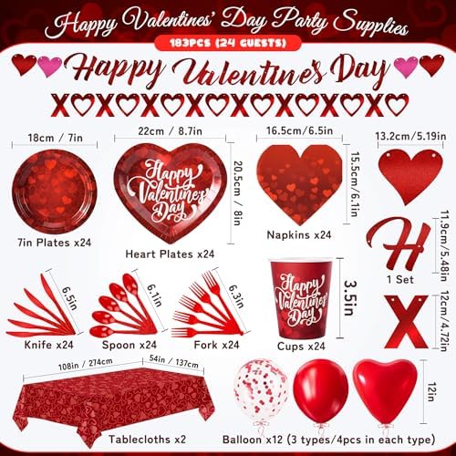 183PCS Happy Valentine's Day Party Supplies,Red Love Heart Disposable Paper Plate Napkin Cup Cutlery for 24 Guest,Banner Tablecloth Balloons for Galentines Anniversary Bridal Wedding Engagement Decor - Image 2