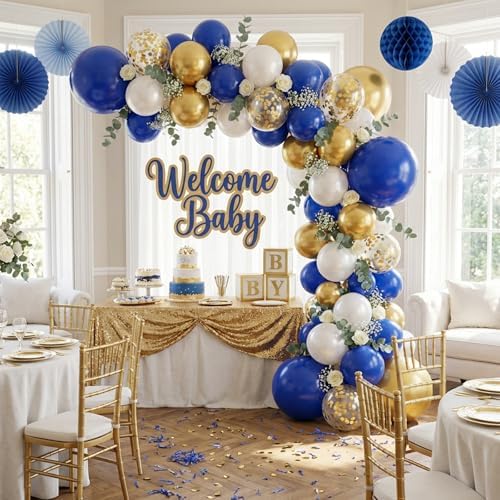 Hiquaty Blue and Gold Balloons,50pcs 12 Inch Royal Blue and White Balloons - Image 5