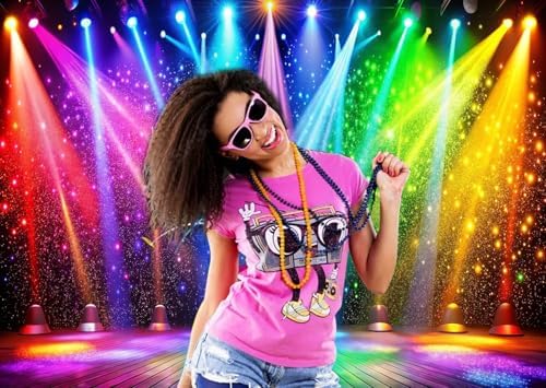 8x6ft Fabric Disco Rainbow Stage 70s 80s 90s Backdrop Vintage Lights Photography Background Rock Music Club Neon Glow Party Decorations Photo Banner 312 - Image 2