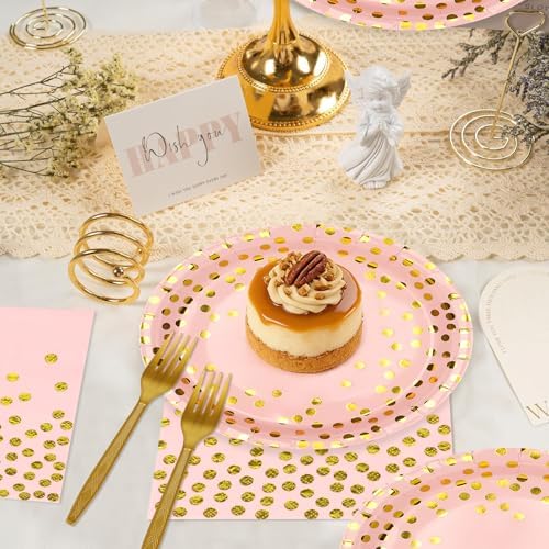 Pink and Gold Paper Plates and Napkins Tablecloth Party Supplies,Serves 25 Guests Pink Gold Plates and Napkins Tablecloth,Disposable Tableware Set for Birthday Wedding Bridal Shower Decorations - Image 4
