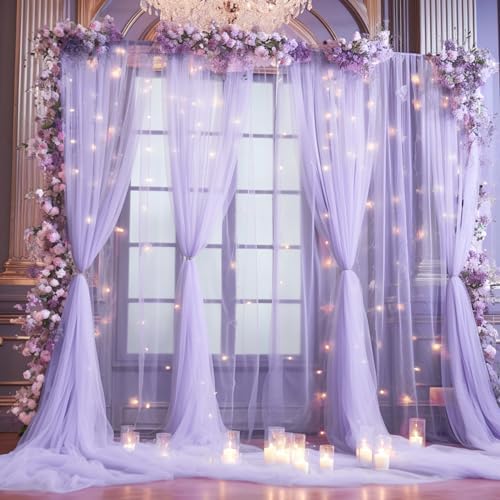 20x10ft Purple Tulle Backdrop Curtain with Lights String for Parites, Sheer Photo Backdrop Curtains with Lights for Wedding Backdrop Ceremony Reception Bridal Shower Baby Shower Birthday Party - Image 2