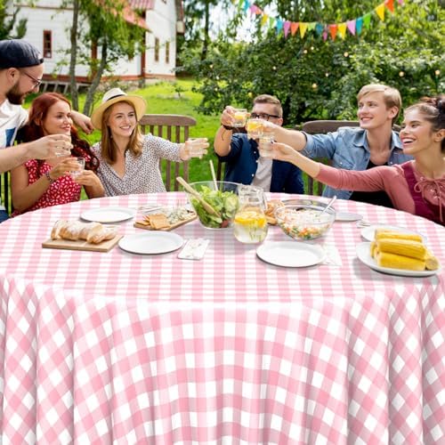 12 Pack Pink Gingham Tablecloth Round, Premium Decorative Disposable Pink and White Checkered Plaid Table Cloths for Parties, Round Party Table Cover for Picnic Farm Birthday Wedding Festivals, 84Inch - Image 6