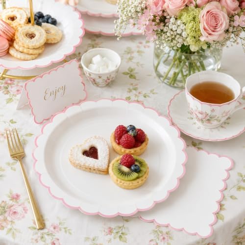 50 Pcs Pink and White Paper Plates and Napkins, 7 Inch Disposable Scalloped Plates & Napkins Party Supplies Cake Dessert Plate Tableware for Baby Shower Bridal Shower Wedding Birthday - Image 7