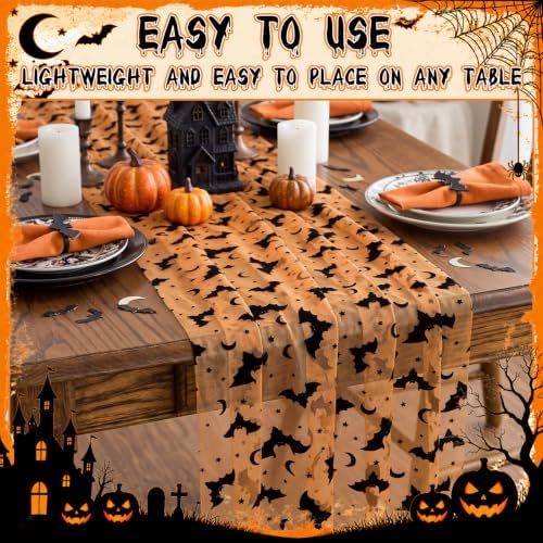 Remagr 3 Pcs Halloween Table Runner Flocked Lace, Bat Table Decor 30"x70" - Image 5