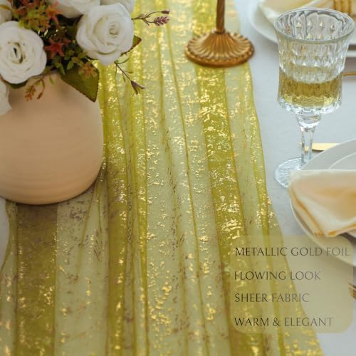10Pcs Olive Green Gold Table Runner Metallic Foil Shimmer Sheer Gauze 10ft - Image 3