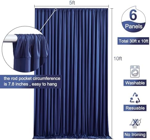 6 Panels Navy Blue Backdrop Curtain for Parties Wrinkle Free Photo Curtains Backdrop Drapes Fabric Decoration for Wedding Birthday Party Baby Shower 30ft(W) x 10ft(H) - Image 5