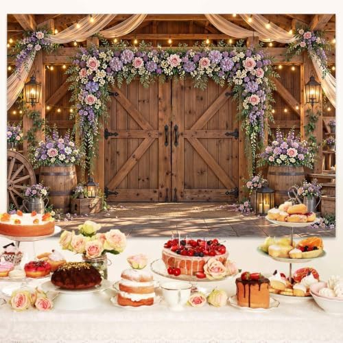 5x4ft Country Wedding Backdrop Purple Lavender Wisteria Flower Wooden Barn Door Western Photography Farmhouse Birthday Baby Shower Anniversary Bridal Party Banner Photo Booth Props Background - Image 2
