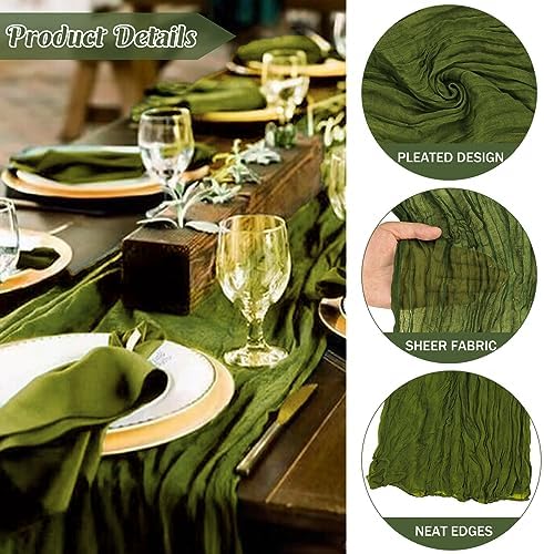 6 Pieces Olive Green 10FT Cheesecloth Table Runner Boho Gauze Fabric Table Runner Rustic Sheer Runner for Wedding Birthday Baby Shower Party Boho Table Decoration（Olive Green） - Image 2