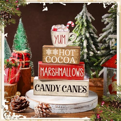 Moucuny 4 Pcs Christmas Table Decorations, Hot Cocoa Bar Wooden Block Signs - Image 2