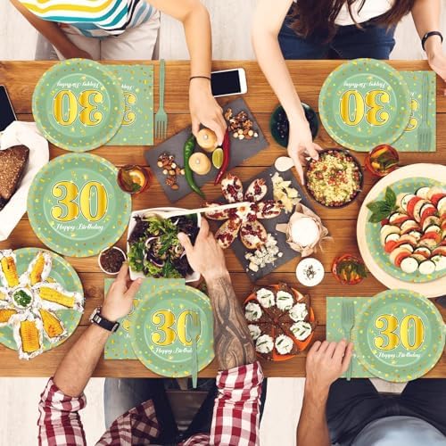 96Pcs Green Gold 30th Birthday Party Plates and Napkins for Women Men Sage Green 30 Year Old Birthday Party Supplies Themed Paper Dessert Plates Tableware Set for 24 Guests Party Decorations - Image 4