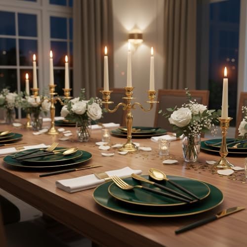 Liacere 150PCS Green Plastic Plates - Gold Plastic Silverware with Green Handle - Heavy Duty Fancy Plastic Plates Disposable Include 30 Guests Plates, Forks, Spoons, Knives for Wedding & Party - Image 5