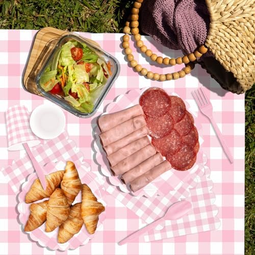 WNINK 176 PCS Light Pink Gingham Plates and Napkins, Pink Checkered Disposable Plates Set with Napkins Cups Plastic Spoons Forks Knives for Dinner Birthday Baby Shower Wedding Supplies Serve 25 Guests - Image 7