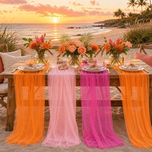 4 Pcs Pink and Orange Sheer Table Runner for Party Decorations - Image 3