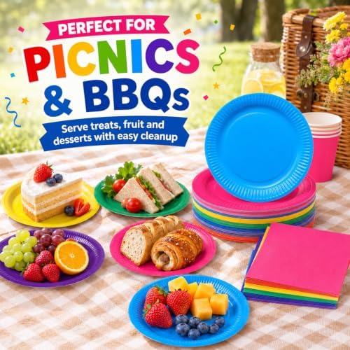100 Pcs 7 & 9 Inch Colorful Paper Plates and Solid Printed Napkins - Image 6