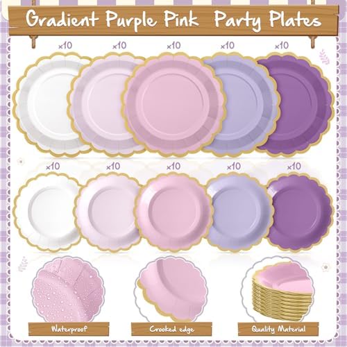 Zhehao 150 Pcs Purple and Pink Paper Plates Napkins Serves 50 - Image 3