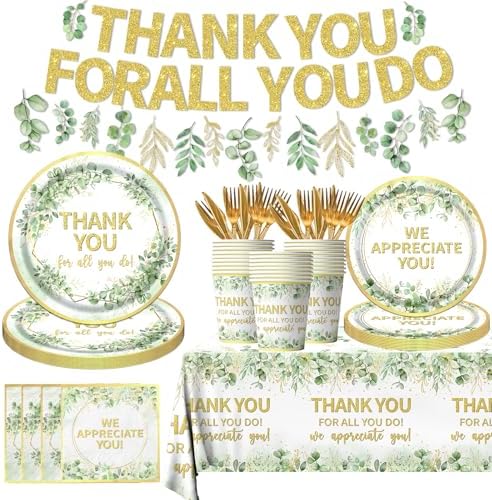 We Appreciate You Decorations - Sage Green Thank You Party Plates,Napkins,Banner Spring Eucalyptus Thank You for All You Do Table Decoration for Employee Teacher Graduation Appreciation Party by Gupesxu