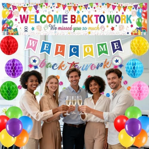 23pcs Welcome Back to Work Decorations Office Colorful Welcome Back to Work Banner Balloons We Missed You So Much Backdrop Table Centerpieces Pompoms Circle Dot Garland for Back to Work Office - Image 6