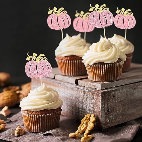 24Pcs Pumpkin Cupcake Toppers Glitter Fall Theme Pumpkin Cupcake Pick Decorations for Baby Shower Birthday Thanksgiving Halloween Party Cake Decorations Supplies Pink - Image 4