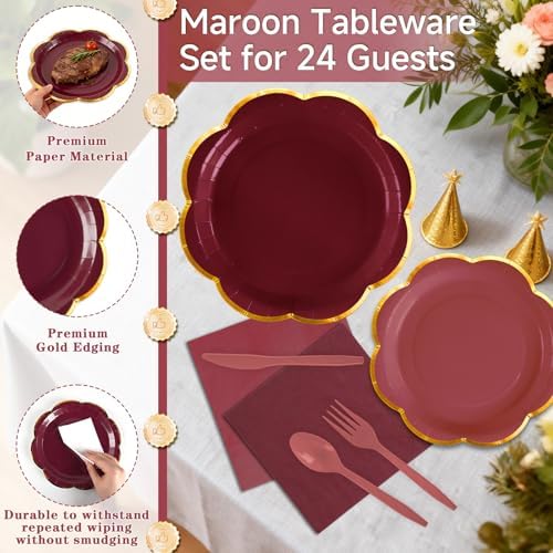168Pcs Burgundy Paper Plates and Napkins Party Supplies for 24 Guests - Image 4
