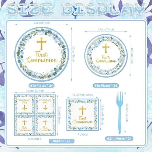 96 Pieces First Communion Floral Tableware Set – Blue Floral Cross Disposable Plates, Napkins for First Communion Party, Christening, Baptism, and Religious Celebrations – Serves 24 Guests - Image 2